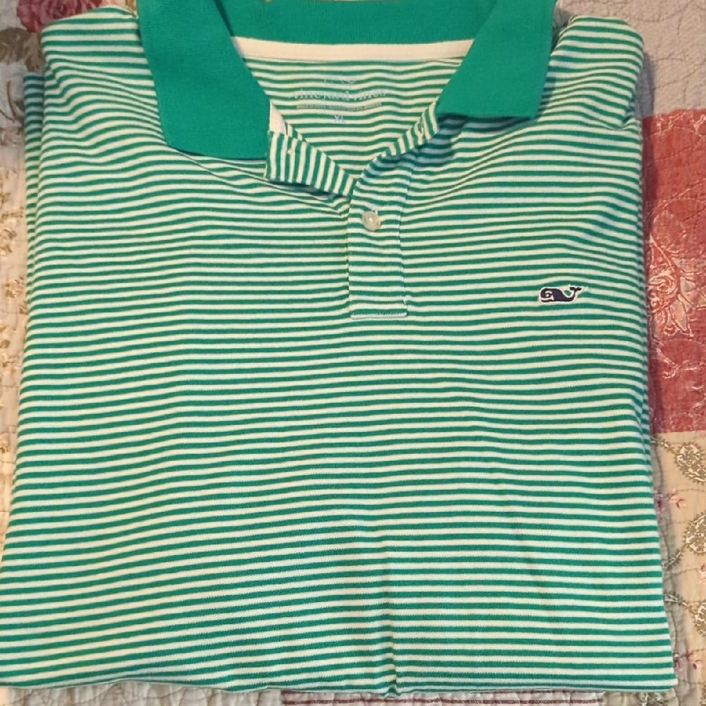 Vineyard Vines Men's Green and White Striped Polo XL - Classic Preppy Style